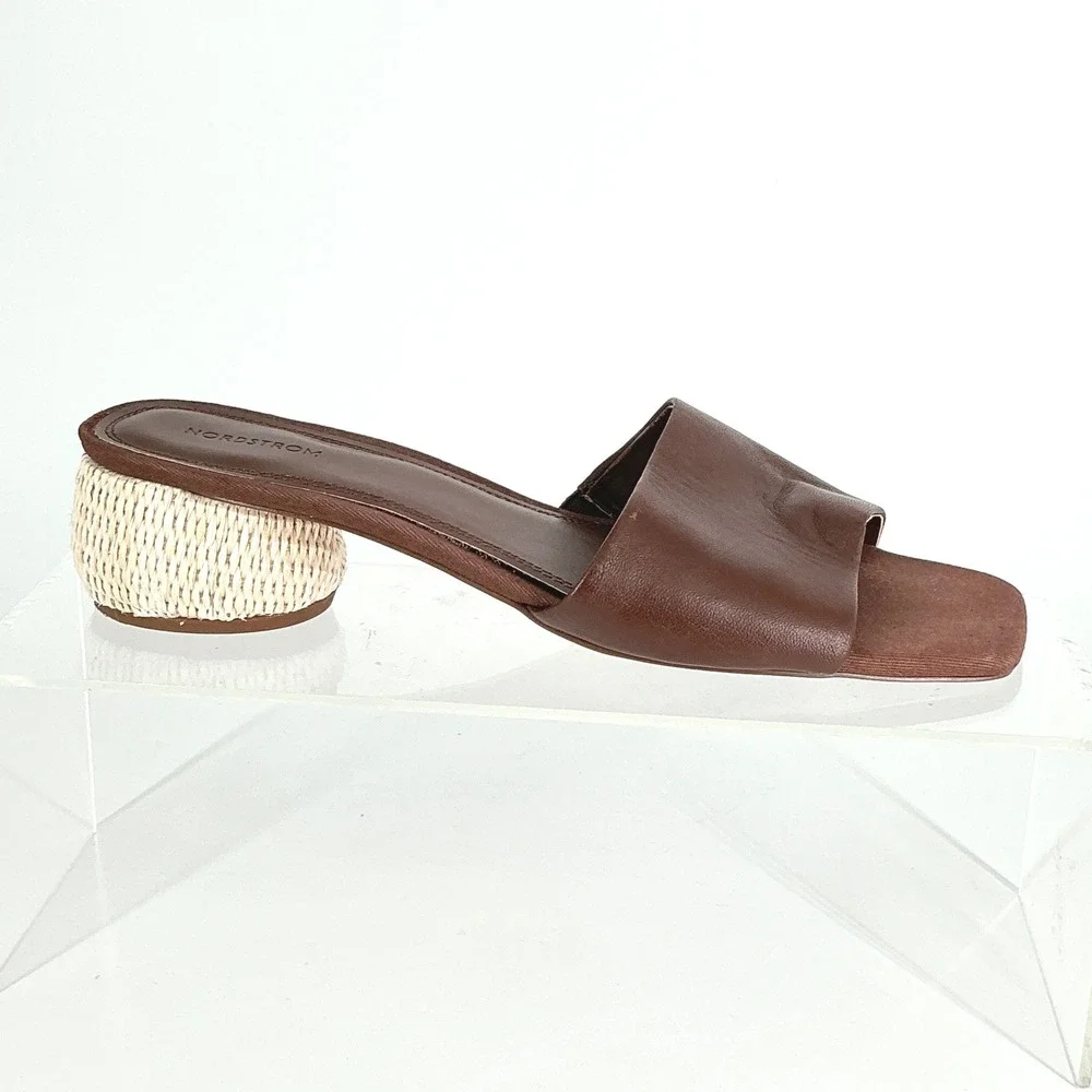 Nordstrom Size 9.5 Brown Leather Woven Raffia Block Heel Sandals Winona - Picture 1 of 12